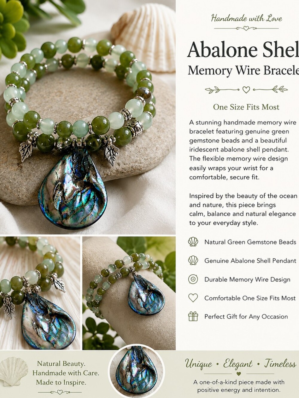 Handmade Abalone Shell Memory Wire Bracelet with Green Gemstone Beads